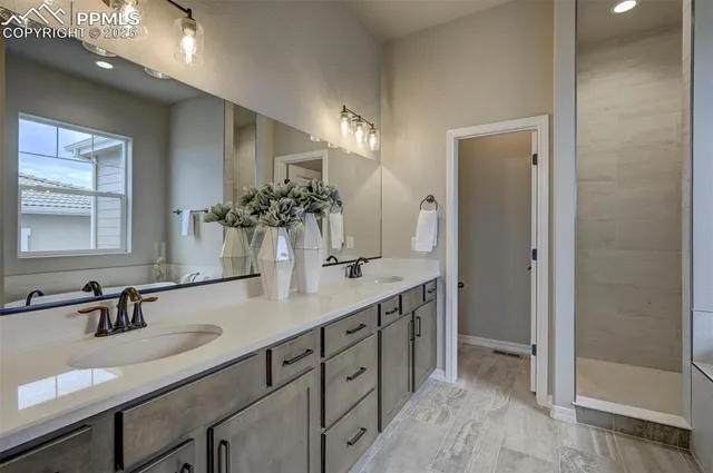 a bathroom with a double vanity sink a mirror and a shower