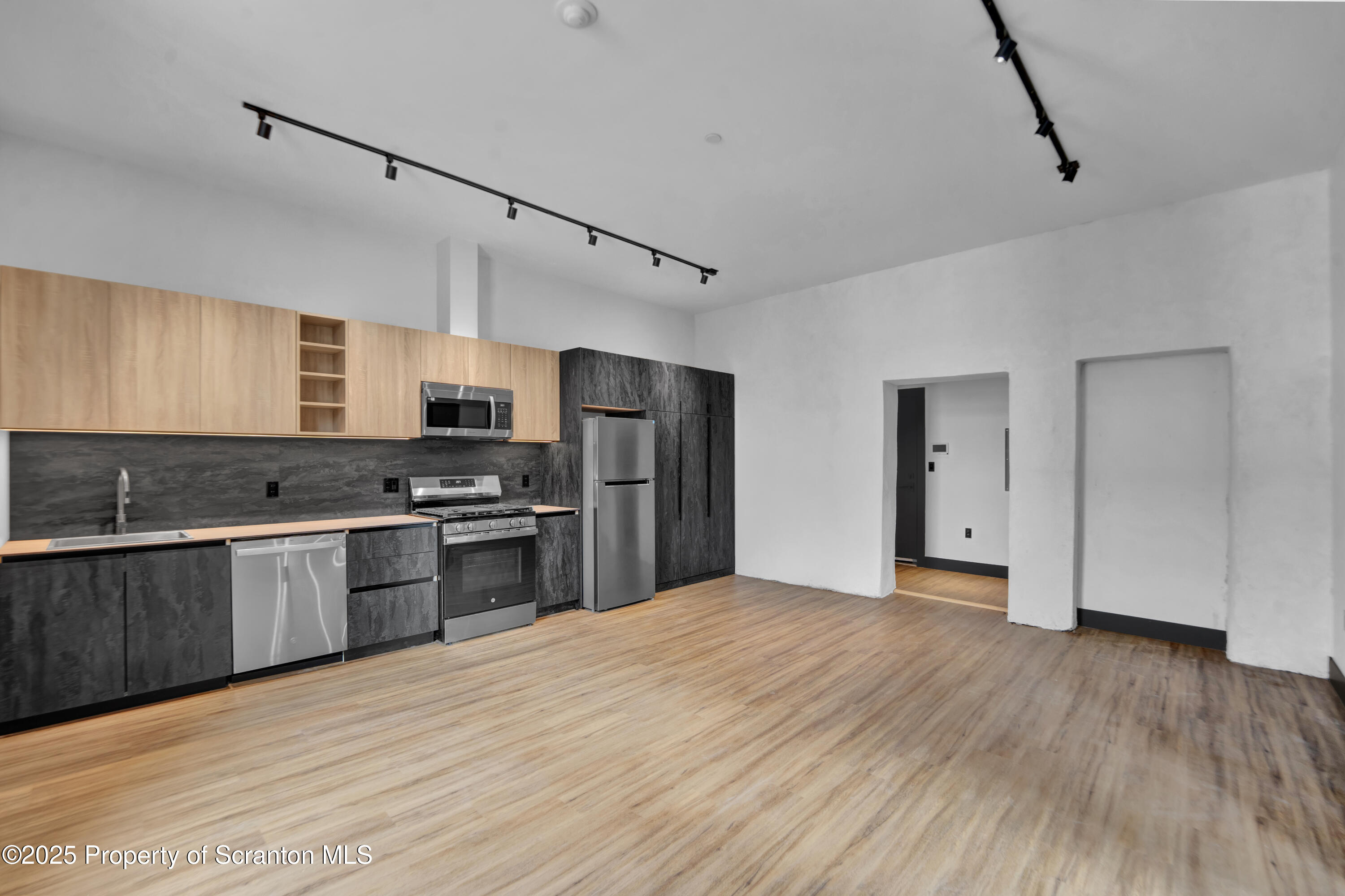 115 Penn Avenue, Unit 202 Scranton, PA 18503 - Photo 22 of 60 a large kitchen with cabinets wooden floor and stainless steel appliances