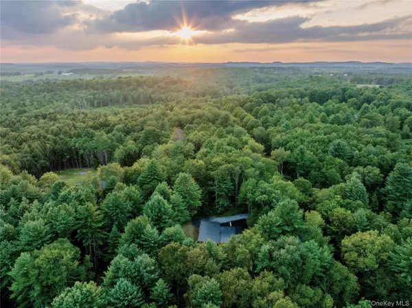 an aerial view of residential house with outdoor space and trees around