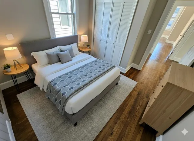 a bedroom with a bed and window