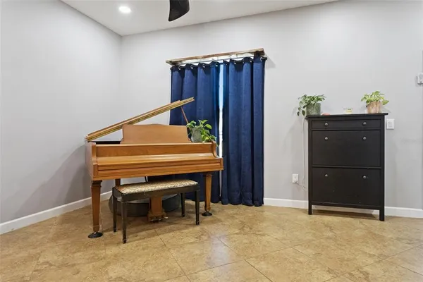 a room with storage and a table