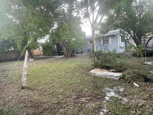 a view of a yard with plants and trees