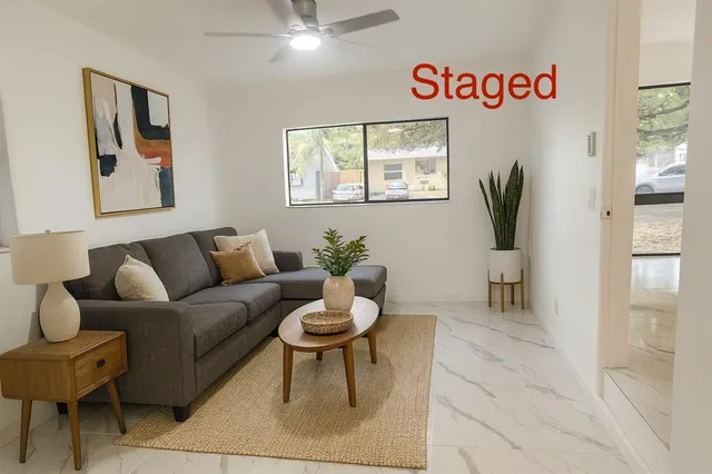 a living room with furniture and a potted plant
