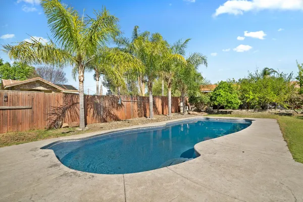 a view of a swimming pool with a yard and palm trees