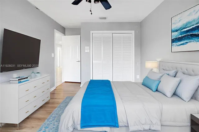 a bedroom with a bed and a flat tv screen on dresser