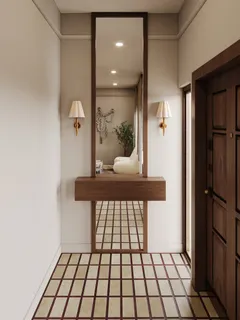 a view of a hallway and a dining room with a bathroom