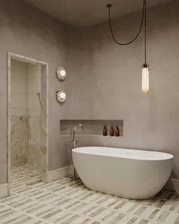 a white bath tub sitting in a bathroom
