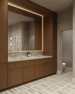 a bathroom with a double vanity sink and a mirror