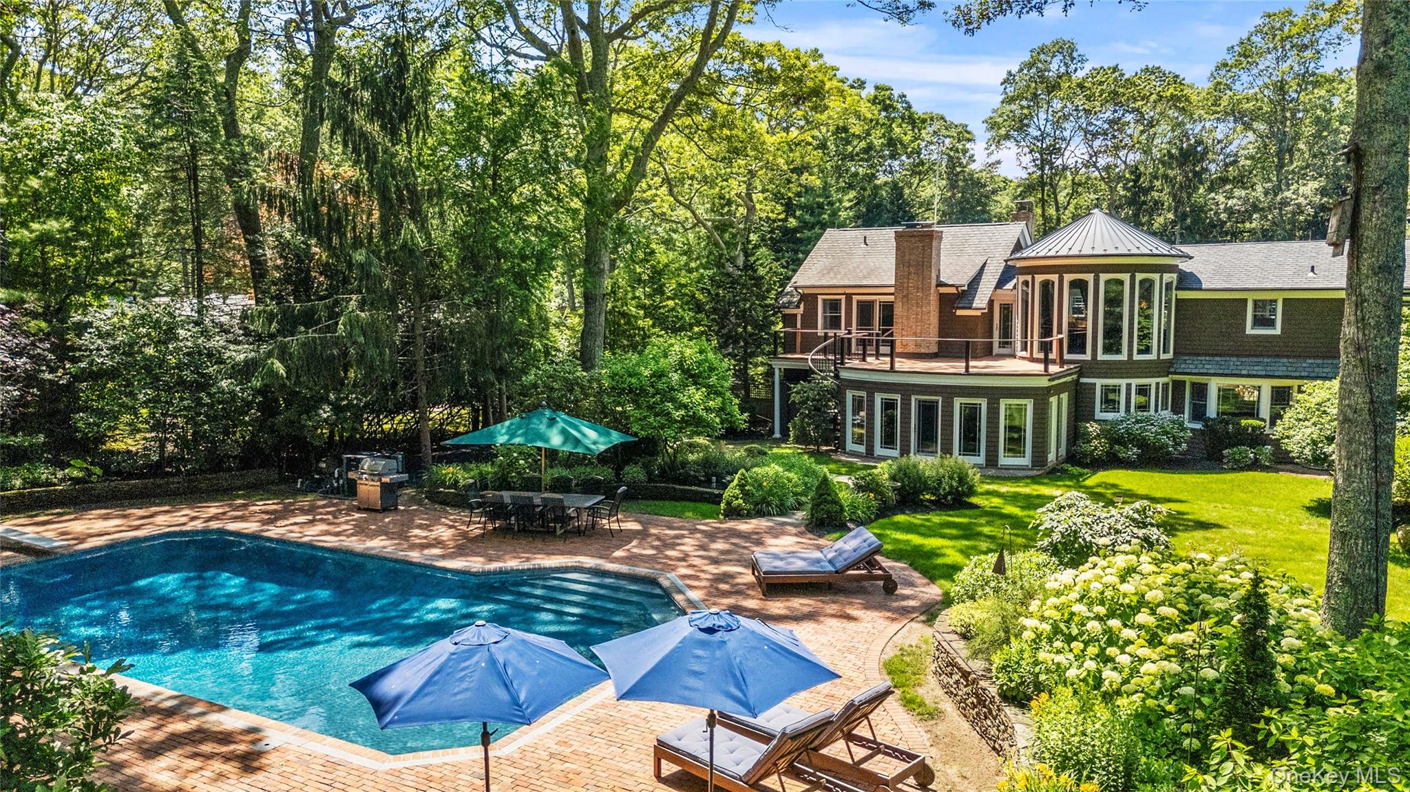 4745 North Bayview Road Southold, NY 11971 - Photo 3 of 31 Swimming pool with a patio area, a lawn, outdoor dining space, french doors, and view of scattered trees