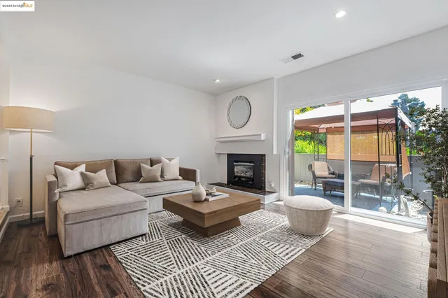 a living room with furniture a rug and a fireplace