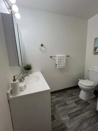 a bathroom with a sink toilet and a mirror