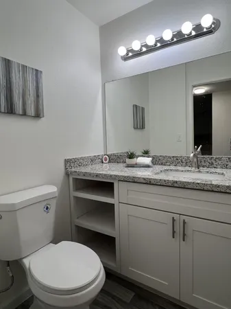 a bathroom with a granite countertop toilet sink and mirror