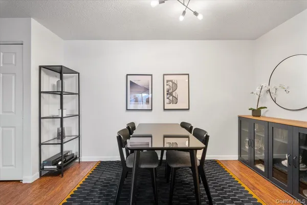 a view of a dining room with furniture