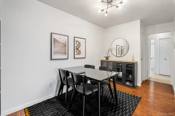 a view of a dining room with furniture wooden floor and a chandelier