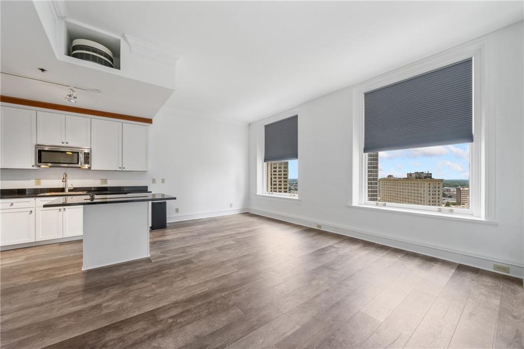 57 Forsyth Street Northwest, Unit 16G Atlanta, GA 30303 - Photo 20 of 32 a kitchen with stainless steel appliances granite countertop a stove a sink and a microwave
