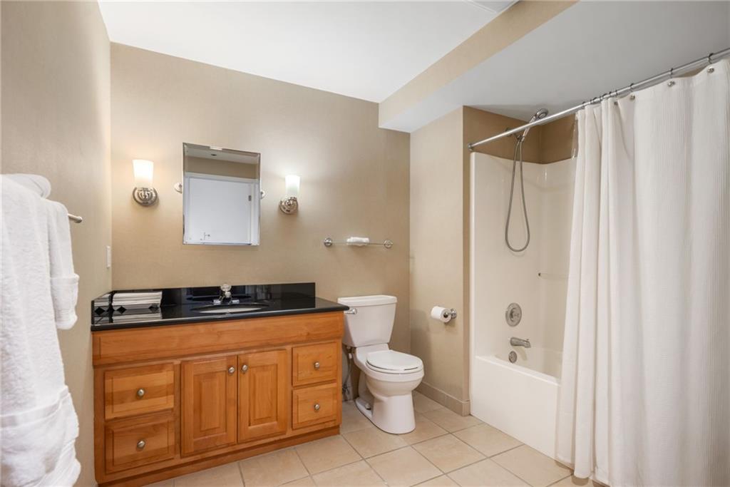 57 Forsyth Street Northwest, Unit 16G Atlanta, GA 30303 - Photo 28 of 32 a bathroom with a granite countertop sink a toilet and shower