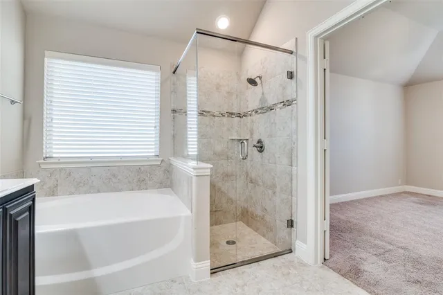 a bathroom with a bathtub and shower