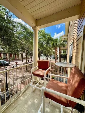 a view of a building from a chairs