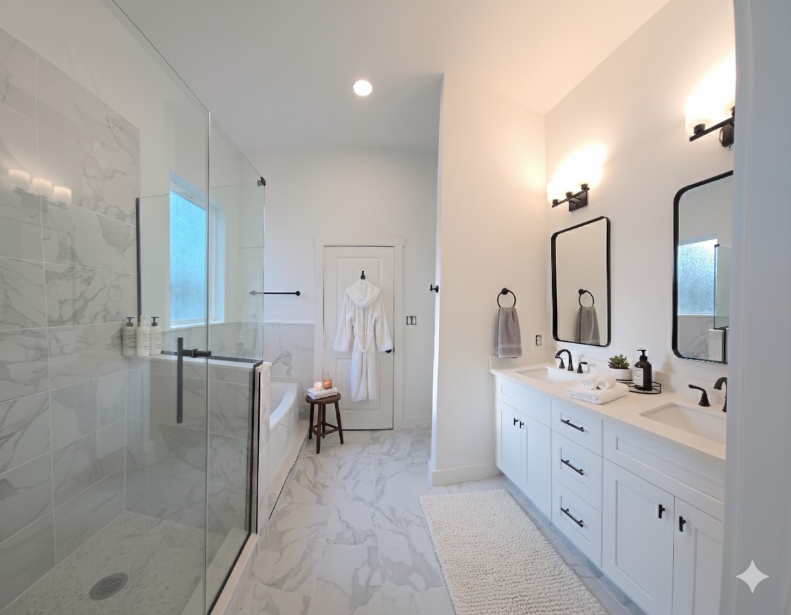 4922 Hoover Street, Unit F Houston, TX 77092 - Photo 12 of 26 Primary Bath - with glass shower and soaking tab. Dual vanity sinks.