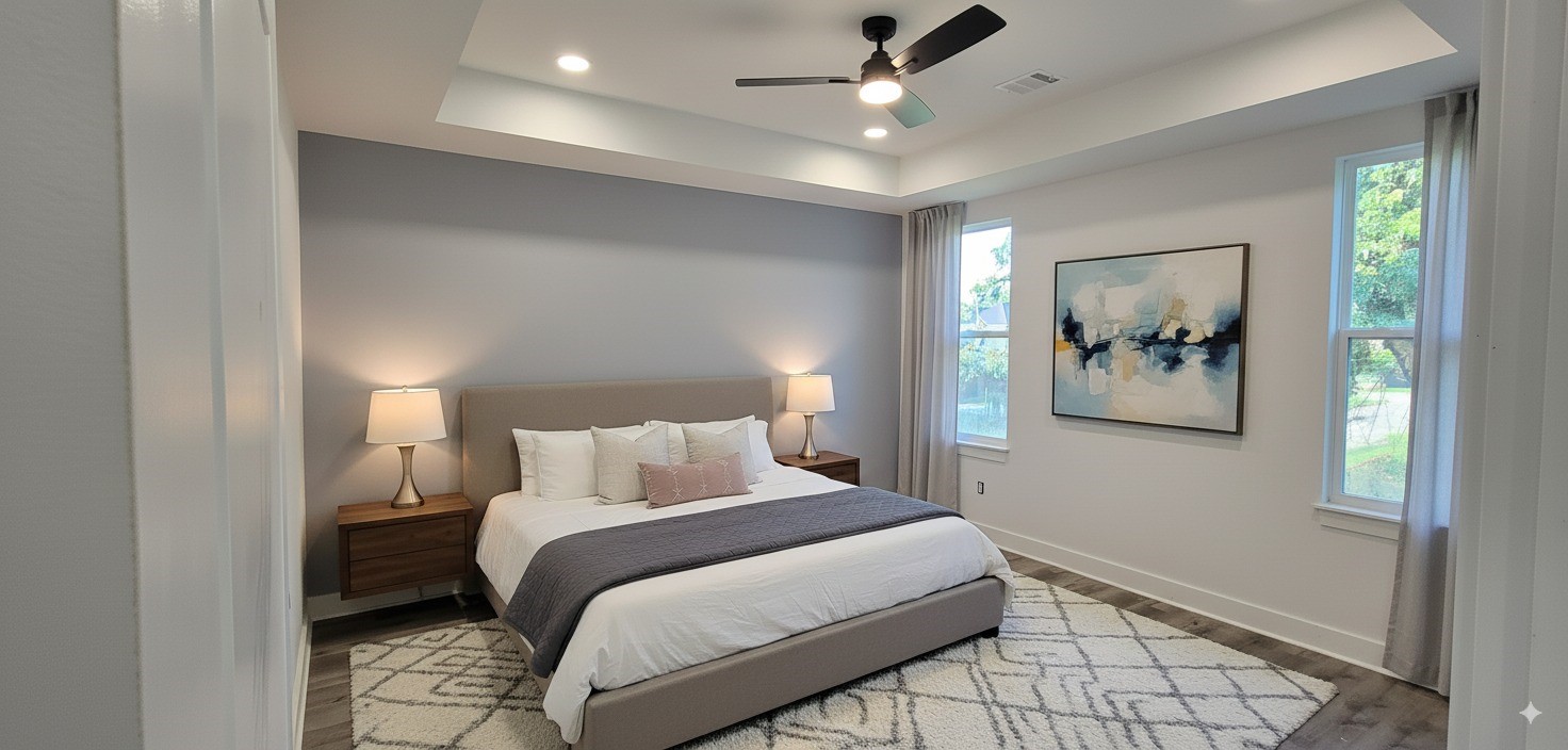 4922 Hoover Street, Unit F Houston, TX 77092 - Photo 10 of 26 Primary bedroom with coffered ceilings and adjoining bath suite with walk-in closet.