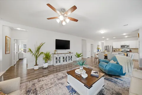 a living room with furniture potted plant and a flat screen tv