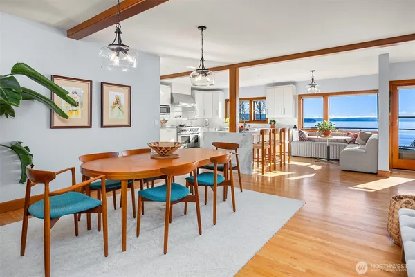 a view of a dining room with furniture window and wooden floor
