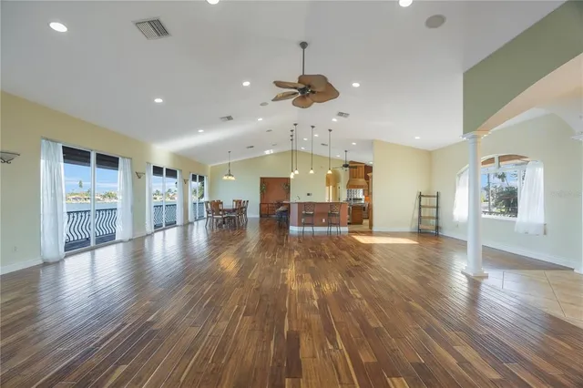 a view of dining room with wooden floor