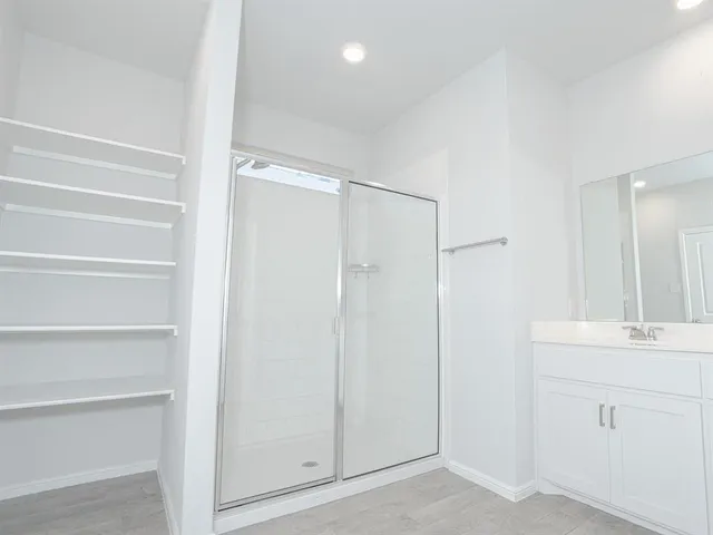 a bathroom with a shower and a sink