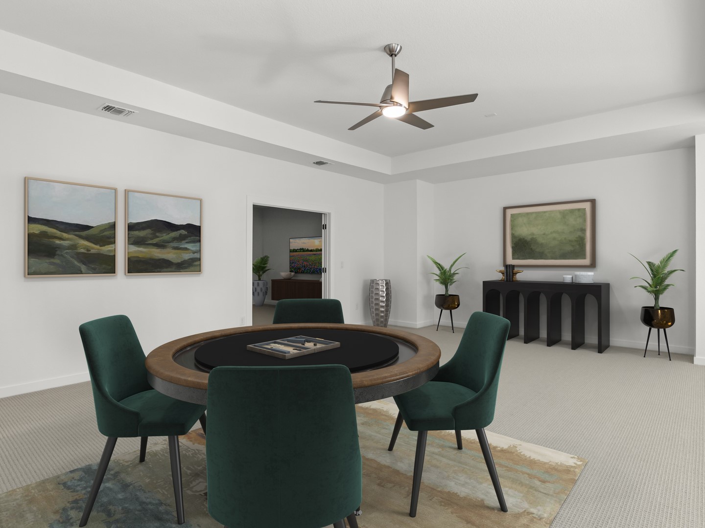 2508 Chiavari Way Leander, TX 78641 - Photo 11 of 24 Well-lit room featuring soft carpet, a coffered ceiling, and a sleek ceiling fan.