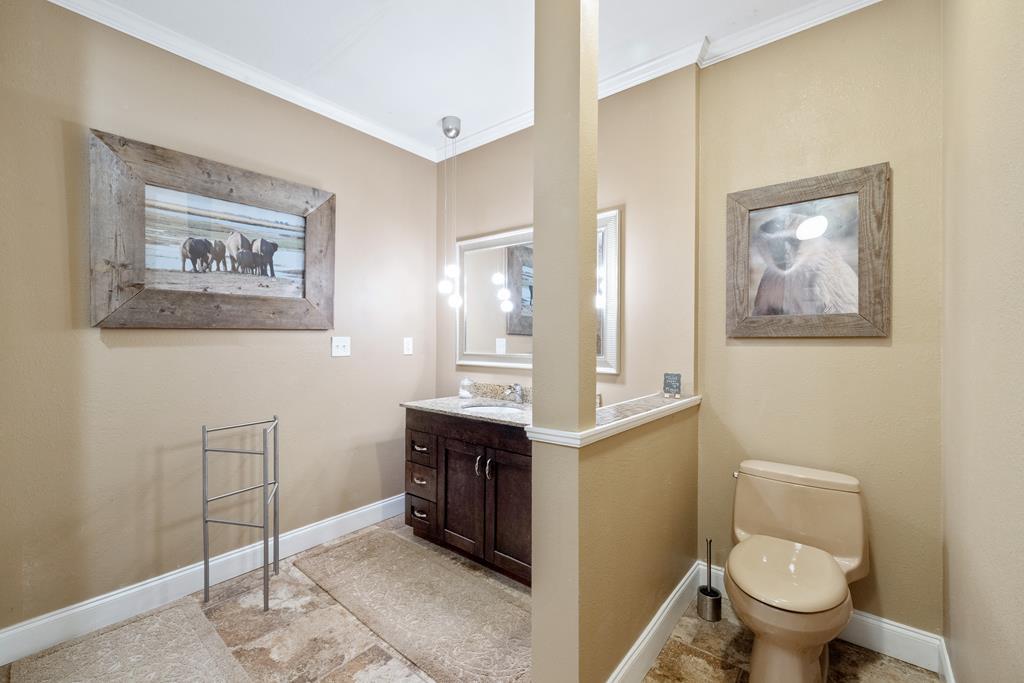 3800 Cutcane Road Mineral Bluff, GA 30559 - Photo 46 of 68 a bathroom with a granite countertop toilet a sink and mirror