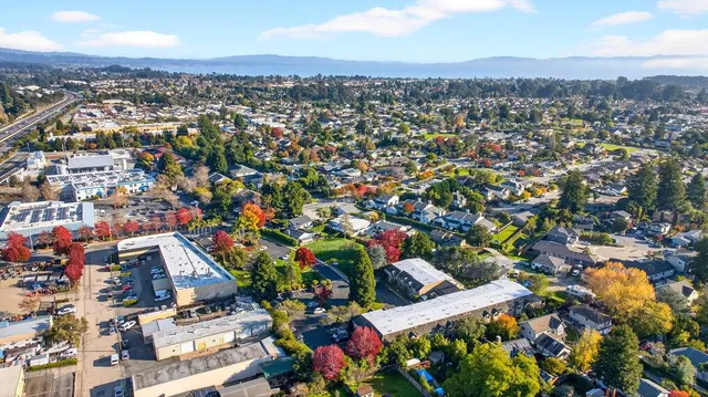 an aerial view of residential houses with outdoor space and trees