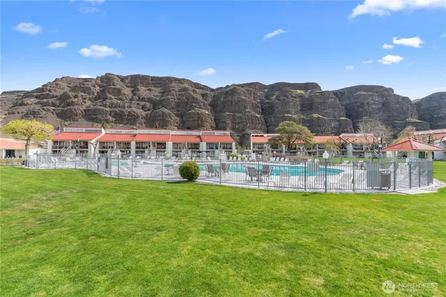 a view of a playground with a garden