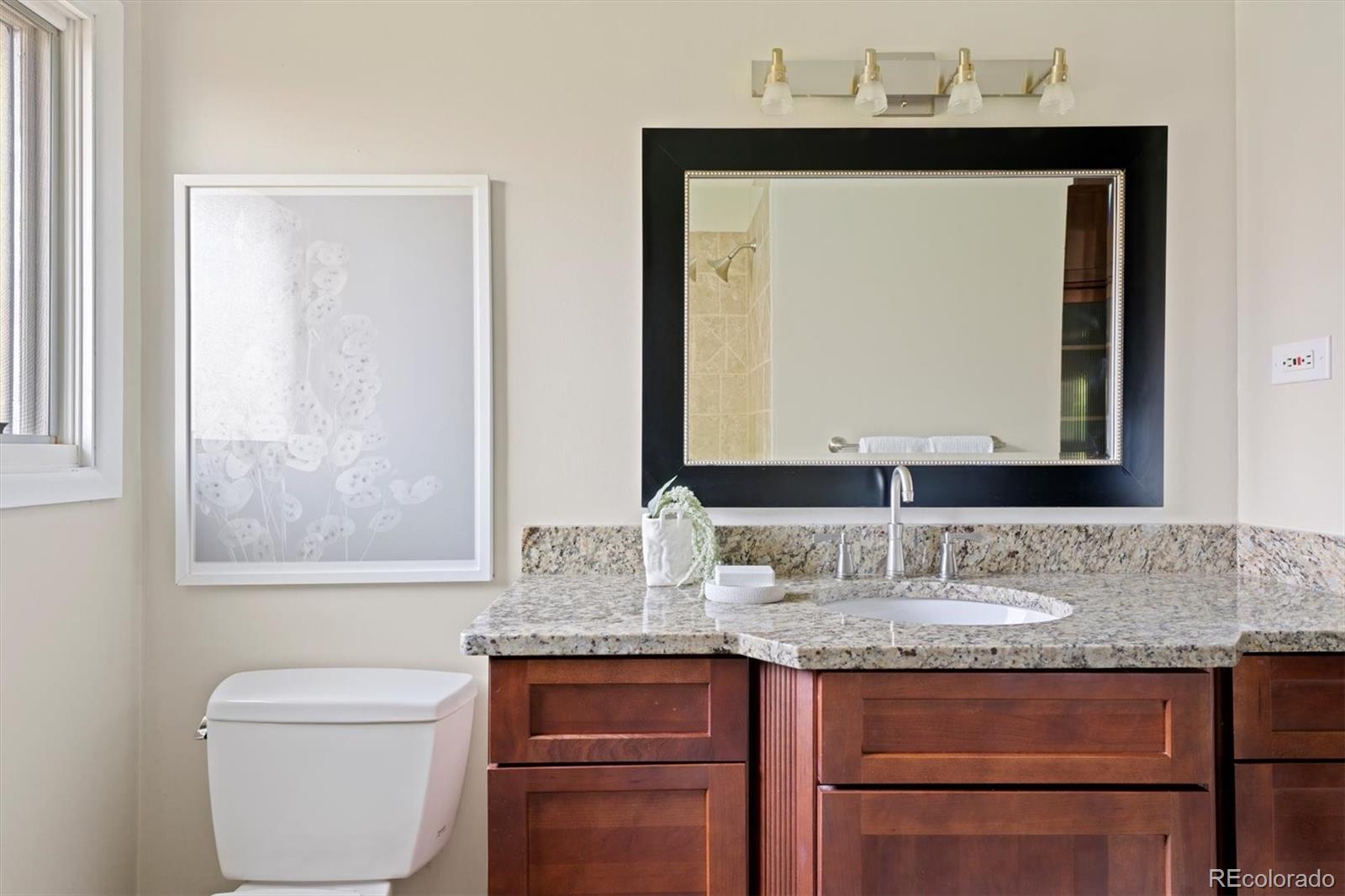 1643 South Ogden Street Denver, CO 80210 - Photo 23 of 39 a bathroom with a granite countertop sink and a mirror