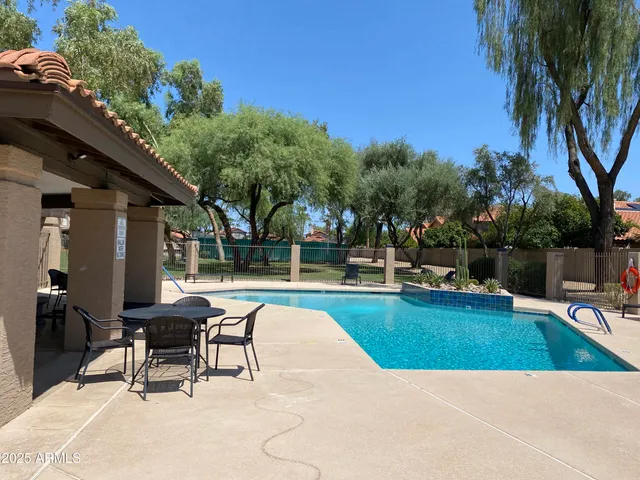 a view of a park with large trees