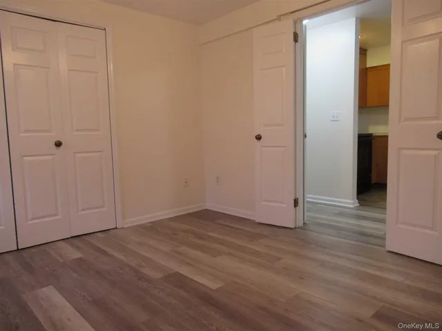 a view of an empty room with wooden floor and closet