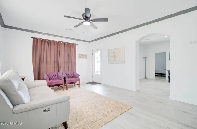 a living room with furniture and a ceiling fan