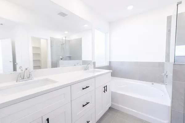 a bathroom with a bath tub a sink and mirror