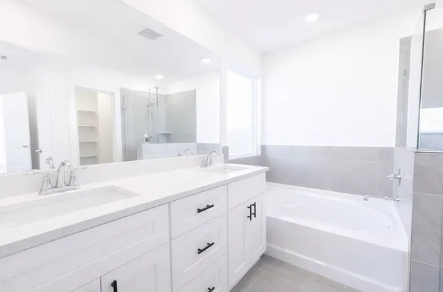 a bathroom with a tub sink and mirror