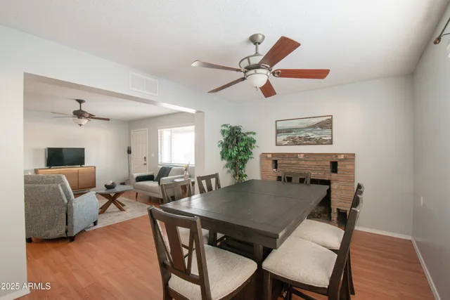 a view of a dining room with furniture