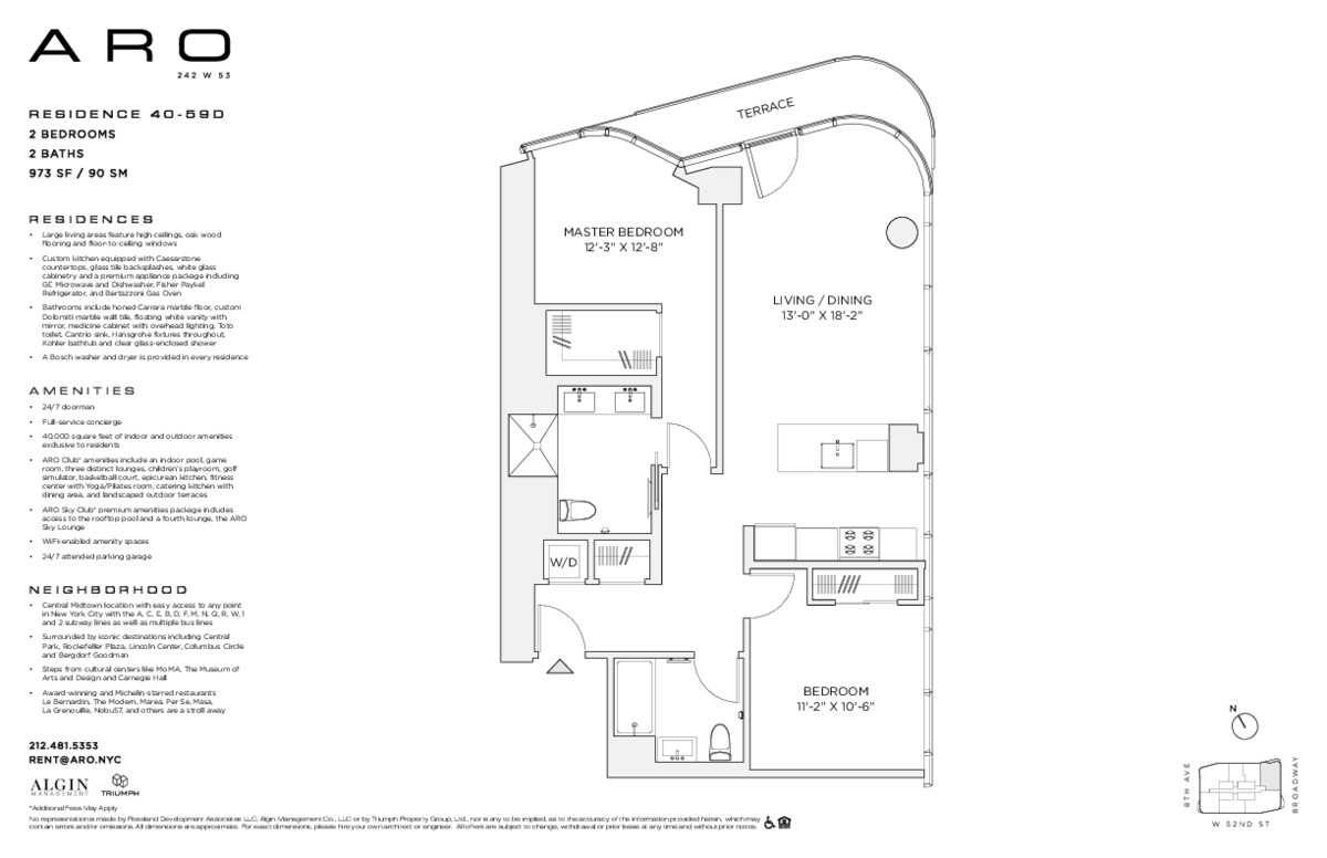 Floorplan of a two bedroom two bathroom apartment with an open concept living room