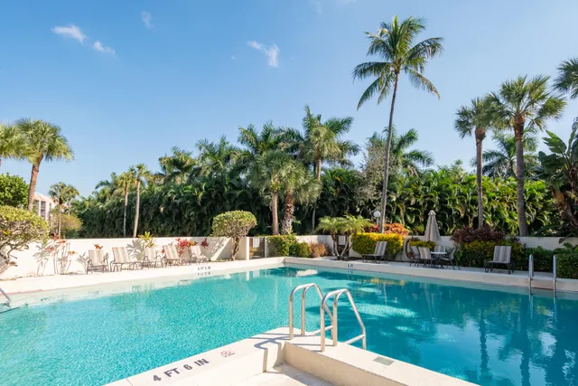 a view of a swimming pool with a patio and a garden