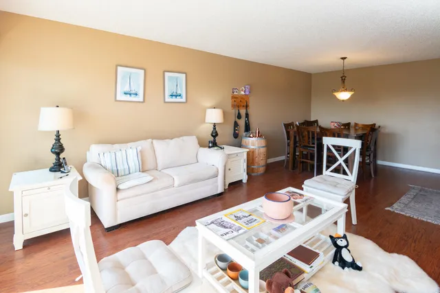 a living room with furniture a rug and a lamp