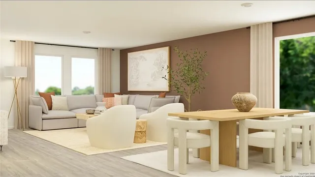 a view of a dining room with furniture window and outside view