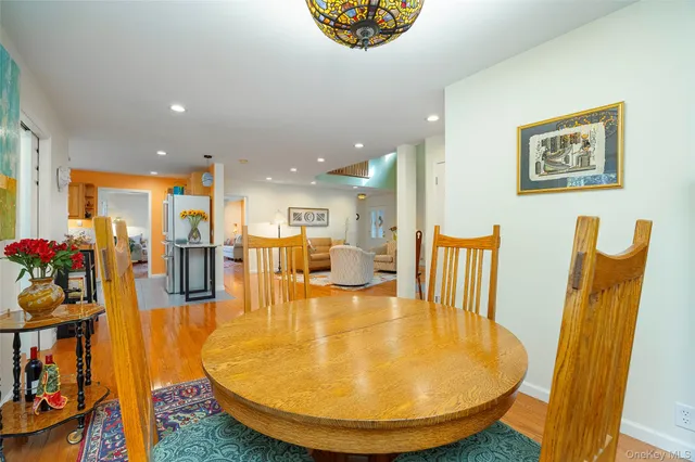 a view of a dining room with furniture