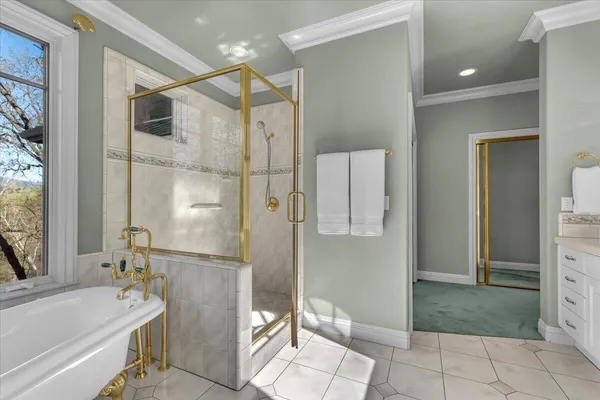 a bathroom with a bathtub and a shower