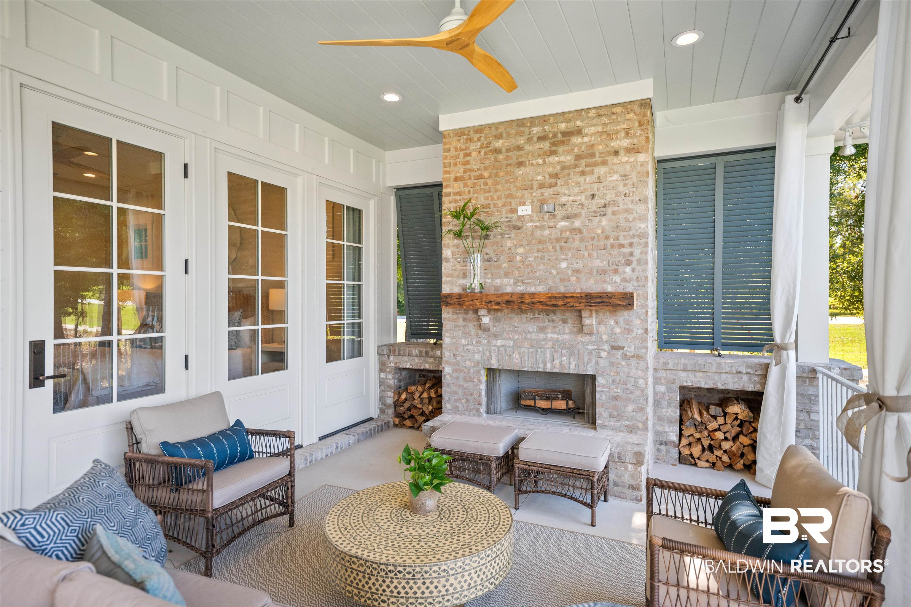 156 Hyacinth Street Fairhope, AL 36532 - Photo 59 of 61 Sunroom / solarium featuring an outdoor living space with a fireplace, ceiling fan, and a patio