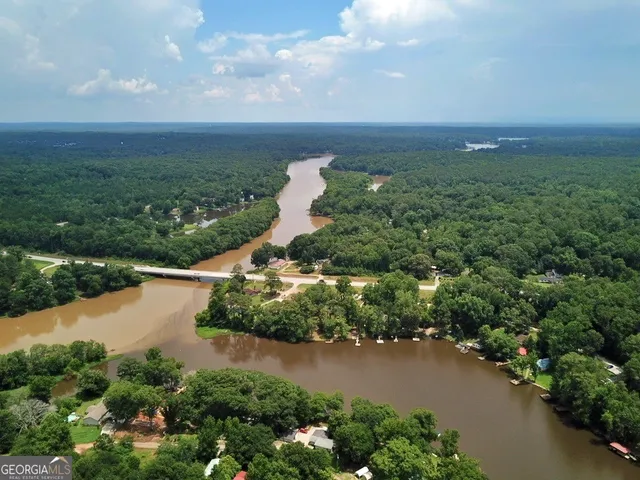 an aerial view of a houses with yard and lake view