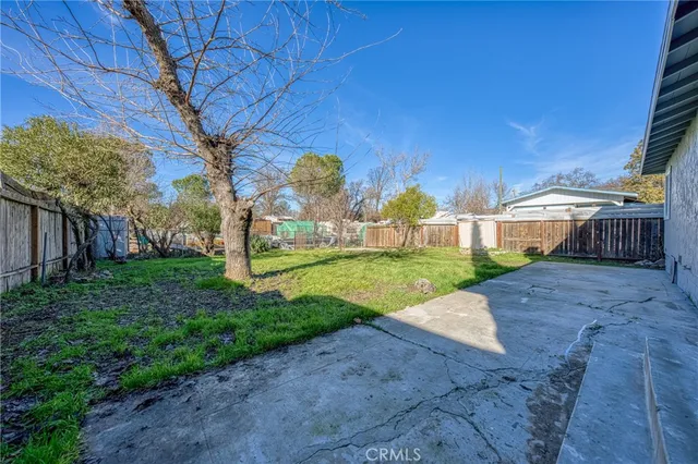 a view of a house with backyard and a tree
