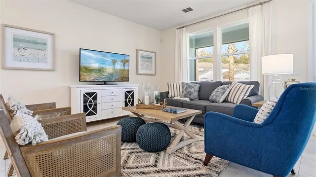 a living room with fireplace furniture and a flat screen tv