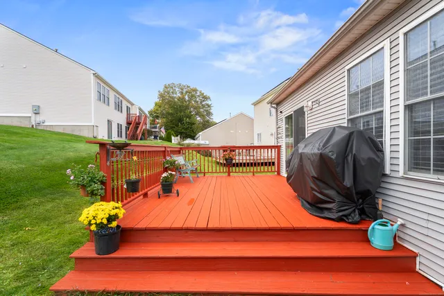 a backyard of a house with table and chairs potted plants and a large tree